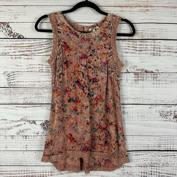 Womens Gimmicke BKE Blush Floral Watercolor Lace Boho Flowy Sleeveless Top S - Picture 1 of 8